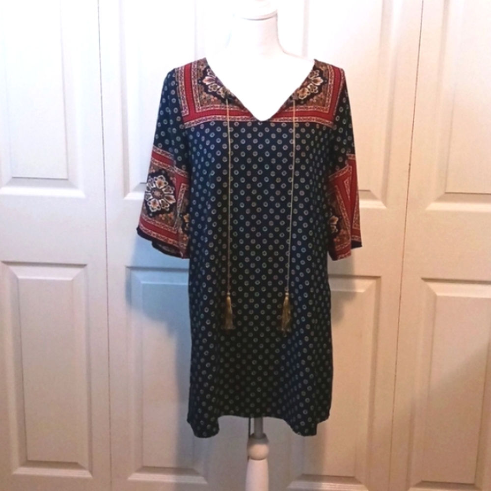 Tua Navy Floral Print Mini Dress with‎ Golden Ties & Tassels Size M
